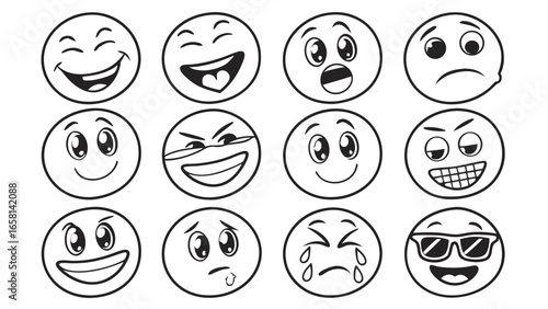 Collection of twelve diverse cartoon emoji faces expressing various emotions and moods in a simple black and white line drawing style