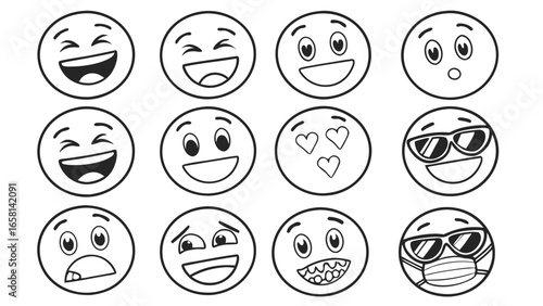 Collection of twelve diverse cartoon emoji faces expressing various emotions and moods with simple line art illustrations on a white background