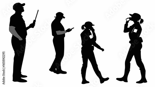 Diverse group of professionals silhouetted against a white background engaged in communication and technology use