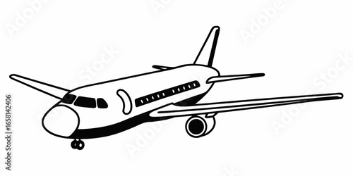 Illustration of a commercial airplane with wings and tail in black and white outline style design art