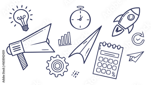 Doodle style icons representing business growth strategy startup success and marketing with a lightbulb rocket and calendar