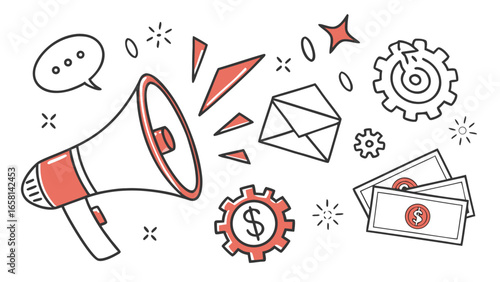 Doodle style illustration of a megaphone speech bubble envelope gears and money symbolizing marketing and advertising success
