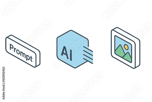 Text-to-image pipeline isometric icon set. AI image generation process from prompt input to final picture. Concept for artificial intelligence, machine learning, deep learning.