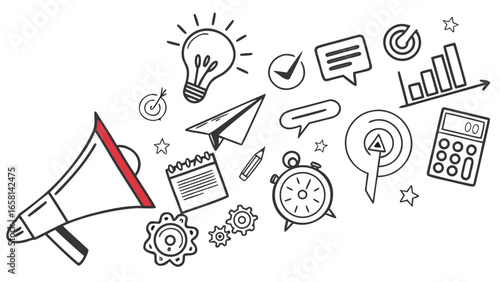 Doodle style megaphone and business icons including lightbulb graphs calculator clock and speech bubbles for promotion and planning
