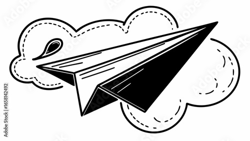 Illustration of a paper airplane flying through a cloud with a teardrop shape above it