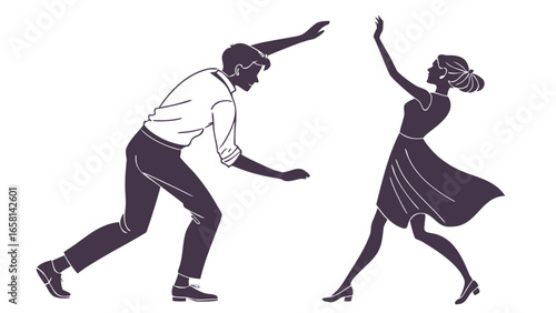 Dynamic silhouette of a couple dancing together with graceful movements and expressive poses on a white background