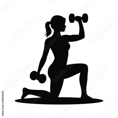 Silhouette of person kneeling with dumbbells, performing strength exercise with one arm raised and one lowered, showcasing balance and control