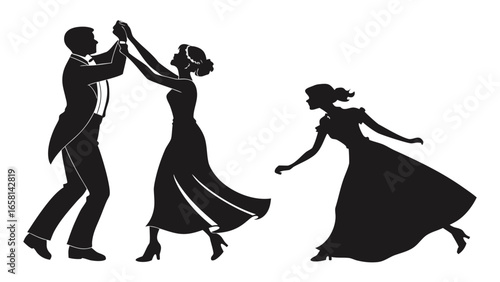 Elegant silhouettes of a couple dancing together and a woman in a ball gown running