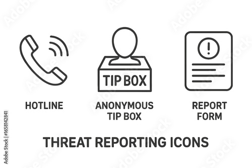 Threat reporting outline icon set. Hotline phone, anonymous tip box, and report form vector illustrations. For security, safety, and corporate compliance or whistleblowing concept.