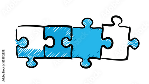 Four blue and black sketched puzzle pieces connected in a row against a black background symbolizing teamwork and solutions