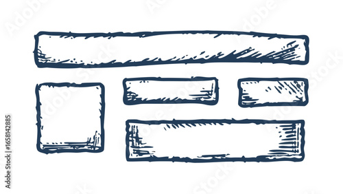 Hand drawn dark blue rectangular shapes with textured borders arranged on a black background for design elements