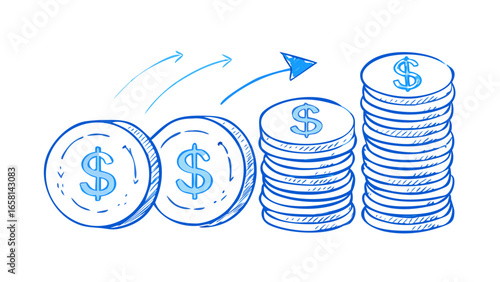 Hand drawn illustration of increasing stacks of coins with dollar signs and upward trending arrows on a black background representing financial growth