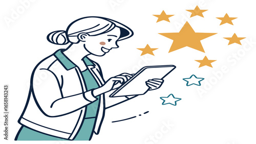 Happy woman with a tablet computer surrounded by golden stars symbolizing success achievement and positive feedback