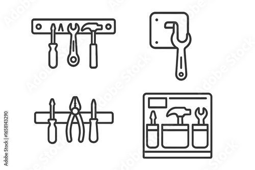 Tool storage solutions icon set. Outline vector icons of a tool rack, peg hook, magnetic strip, and wall organizer. Workshop, garage, and DIY equipment organization concept.