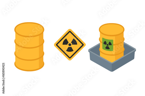 Toxic waste icon set. Isometric vector illustration of radioactive nuclear waste barrel, hazard warning sign, and sealed drum in a secondary containment tray. Pollution concept.