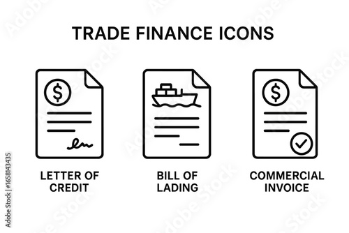 Trade finance icon set. Letter of credit, bill of lading, commercial invoice. Vector outline icons for international trade, import, export, logistics, and payment documentation.