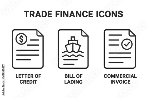 Trade finance outline icons. Essential documentation for international trade. Vector symbols for letter of credit, bill of lading, commercial invoice. Import export logistics concept.