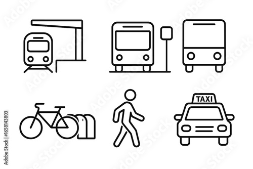 Public transportation line icon set. Urban mobility concept with train, bus, taxi, bicycle, and pedestrian symbols. Simple outline vector illustration for multimodal transit.