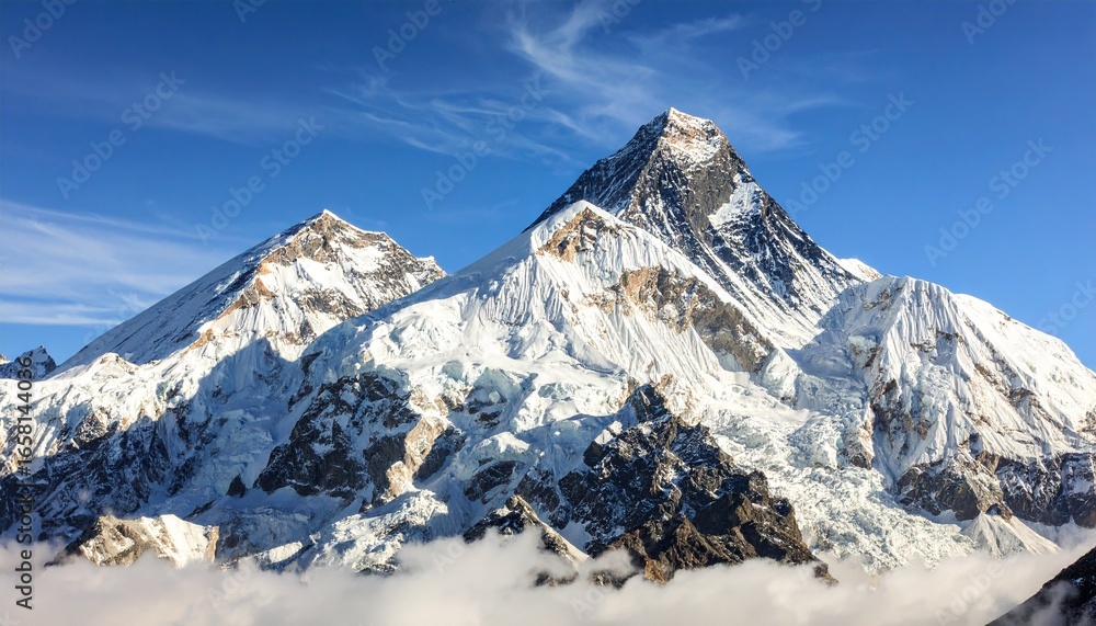 Fototapeta premium Majestic Mount Everest and surrounding peaks covered in snow rise above a sea of clouds under a vibrant blue sky.