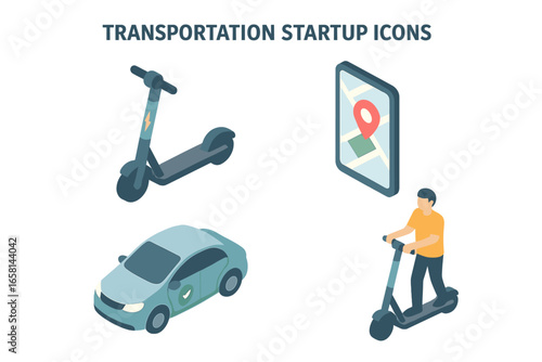 Isometric transportation startup icon set. Urban mobility concept with electric scooter and car sharing. Man riding e-scooter. GPS navigation app on phone. Ride hailing service.