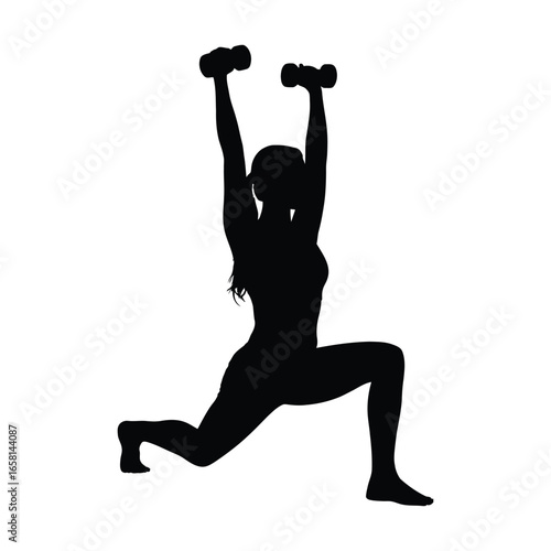 Silhouette of person performing overhead dumbbell lunge, showcasing full-body strength, balance, and proper form in fitness training
