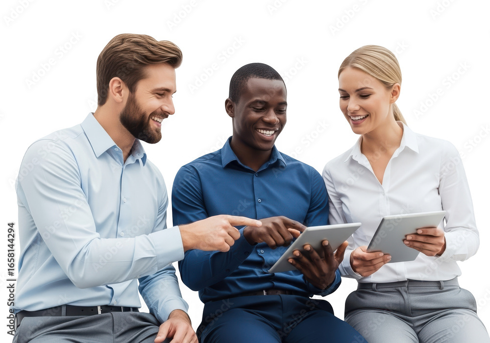 Fototapeta premium Three business people working together with tablets isolated on transparent background