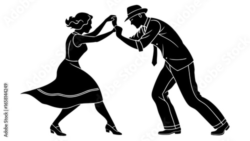 Stylish silhouettes of a couple dancing together in a retro style with a man wearing a hat and a woman in a flowing dress
