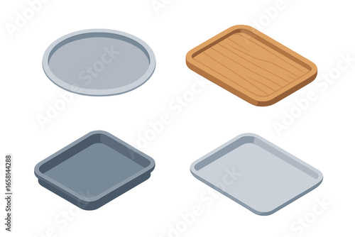Isometric tray icon set. Collection of various serving trays: round silver, rectangular wooden, square plastic and metal. Vector illustration for food, kitchen, and catering.