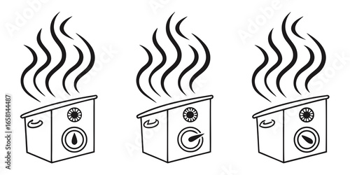 Three simple line art icons of a steaming oven with temperature control dials and handles on a white background