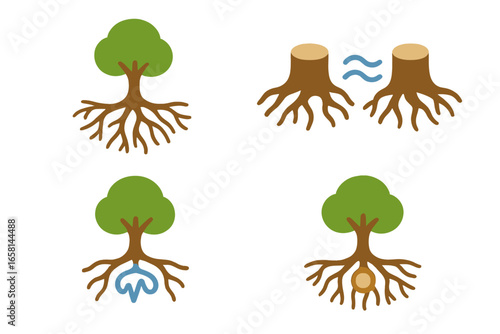 Tree communication icon set. Root network telepathy concept. Mycorrhizal network, nature's connection and underground symbiosis. Wood wide web flat isometric vector icons.