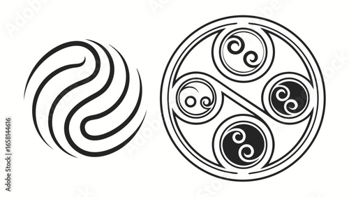 Two abstract black and white celtic knot and spiral symbols representing ancient art and cultural heritage
