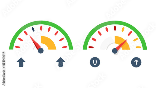 Two semicircular gauges with needles pointing to different levels indicating performance or status on a black background