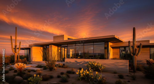 Fototapeta Naklejka Na Ścianę i Meble -  Modern desert house at sunset with saguaro cactus in arizona landscape