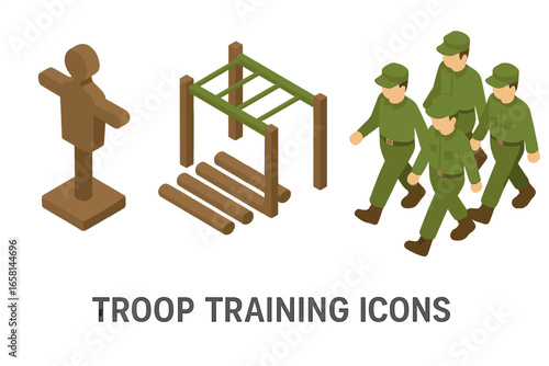 Isometric military training icon set. Army soldiers marching in squad, obstacle course and combat training dummy for drills. Vector illustration concept for boot camp or infantry.