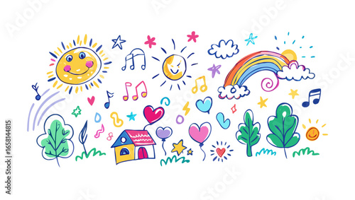 Whimsical children s drawing of a colorful landscape with a smiling sun rainbow musical notes hearts and a small house