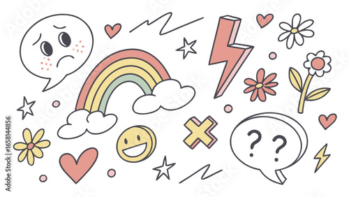 Whimsical doodle collection featuring a sad face speech bubble rainbow with clouds lightning bolts flowers hearts stars and question marks