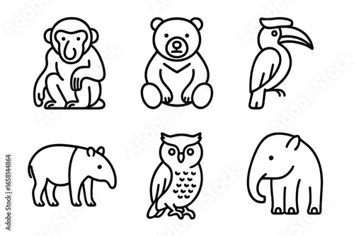 Tropical rainforest animal icon set. Vector line art collection of exotic wildlife from Borneo. Proboscis monkey, sun bear, hornbill, tapir, owl, and pygmy elephant symbols.