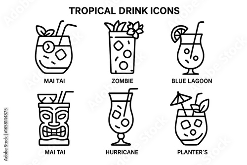 Tropical drink & cocktail icon set. Outline vector graphic of classic tiki bar drinks. Includes Mai Tai, Zombie, Blue Lagoon, Hurricane, Planter's Punch for a summer party menu.