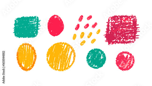 Colorful hand drawn shapes and dots on black background