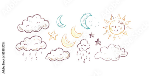 Whimsical hand drawn celestial elements featuring smiling sun moon stars and rainy clouds on a black background