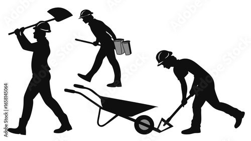 Construction workers engaged in various tasks with tools and equipment