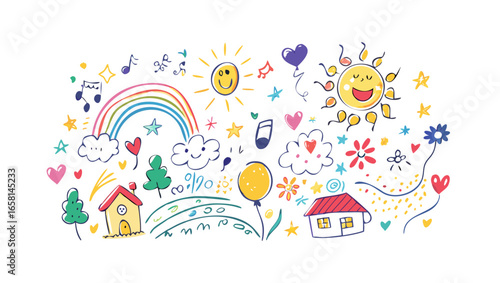 Whimsical hand drawn doodle art with happy suns rainbow clouds houses flowers hearts stars music notes and balloons on black background