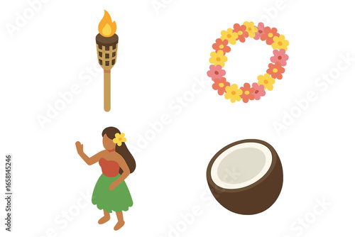 Isometric tropical party icons. Flat design luau decoration set. Vector graphics of tiki torch, flower lei, hula dancer, coconut. Hawaiian vacation and aloha summer concept.