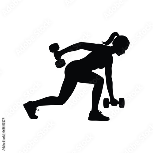 Silhouette of person performing bent-over dumbbell row in lunge stance, demonstrating back strength, posture, and fitness technique
