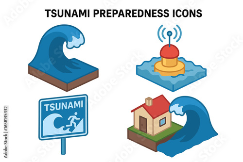 Tsunami preparedness isometric icon set. Natural disaster, earthquake, flood warning symbols. Evacuation route sign, alert buoy, big ocean wave, coastal house vector illustration.