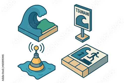 Tsunami preparedness and warning icon set. Isometric vector graphics showing emergency evacuation route, safety sign, sensor buoy, and giant sea wave caused by earthquake.