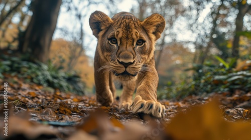 Young lioness approaches, autumn leaves underfoot