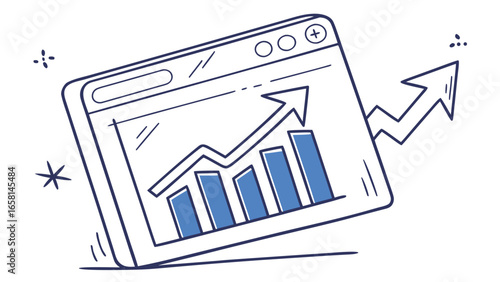 Doodle of a growing bar chart and upward arrow on a screen