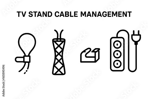 TV stand cable management icon set. Outline icons of cable tie, sleeve, clip, and power strip for organizing wires. Vector illustration for tidy home entertainment systems.