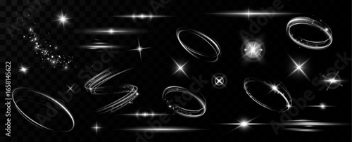 Light effects.Wind glare, explosions, shine, dust, lines, solar flares, sparks, sequins, stars, curved curls. Glow special effect of light	